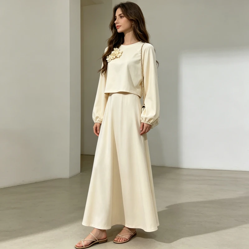 Eid Dubai Fashion Set 2 Piece woman Lantern Sleeve Top Shirt & Skirts Suits Musulman Ensembles Jalabiya Appliques women Sets
