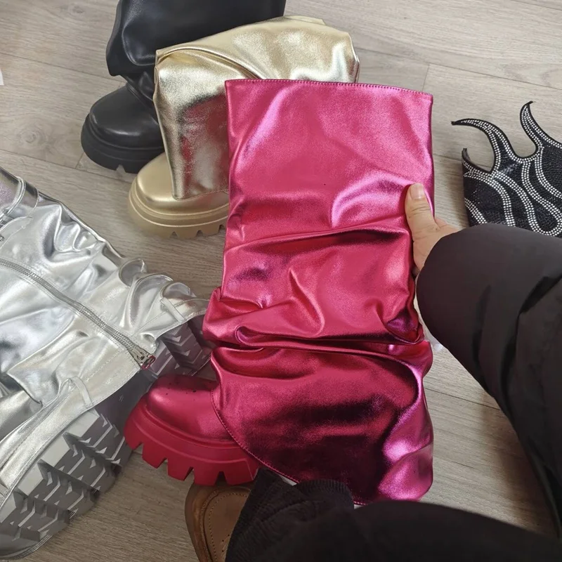 

Sexy Woman Pleated Height Increasing Ankle Boots Metallic Leather Belt Buckle Strap Thick Platform Winter Short Booties Fuchsia