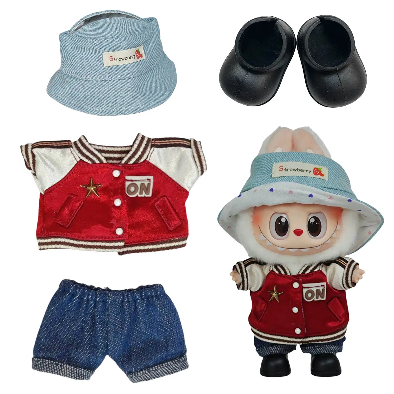 Ropa deportiva labubu de 15cm, uniforme de béisbol rojo intenso, ropa y gorra que combina accesorios de ropa para muñeca labubu ﻿
