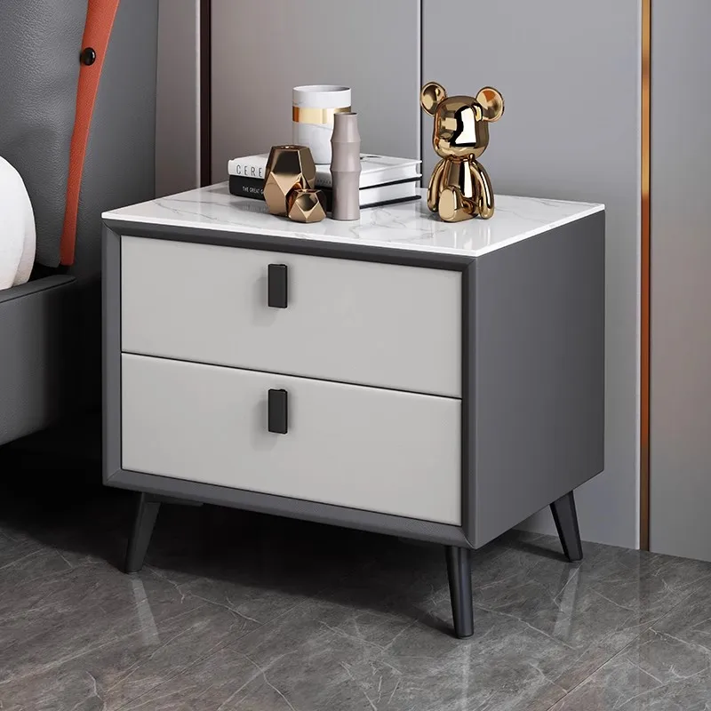 Nordic Style Solid Wood Bedside Table with Sintered Stone Top Modern Bedroom Nightstand with 2 Drawers Home Side Storage Cabinet