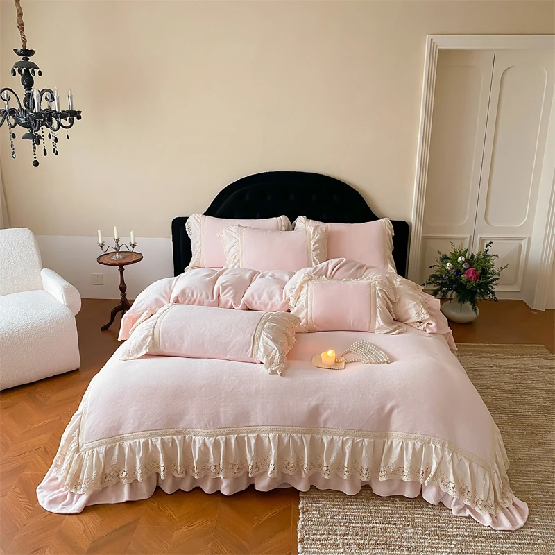 French Lace Ruffles Princess Style Bedding Set 280g Velvet Warm Winter Duvet Cover Set Flat/Fitted Bed Sheet Pillowcases 4Pcs