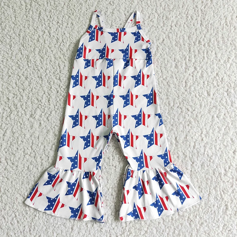 

Summer July 4th Stars Slip Jumpsuit Toddler Children White Bell Pants One-piece Wholesale Baby Girl Kids independence Clothing