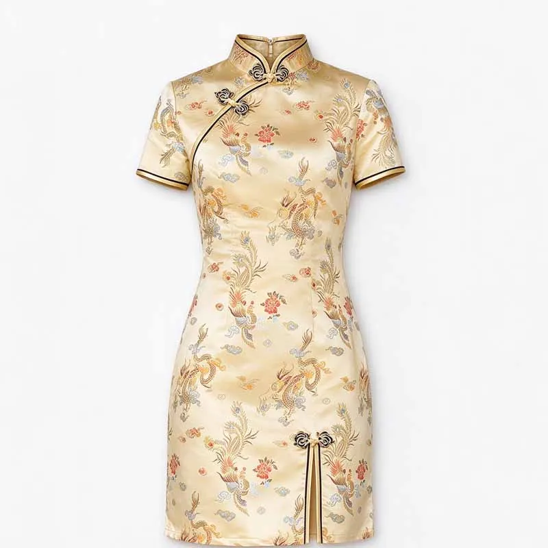 Golden Brocade Short Qipao Dress Phoenix Floral Pattern Mandarin Collar Mini Cheongsam elegant Vestidos Dress  Daily And Party