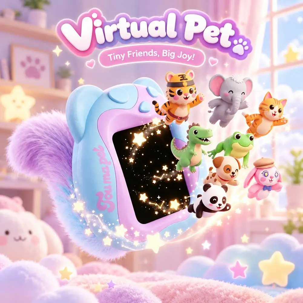 Electronic Virtual Pet Toy With Color Screen 8 Kinds Digital Pets Interactive Game Machine Plush Tail Keychain Pet Device Gift