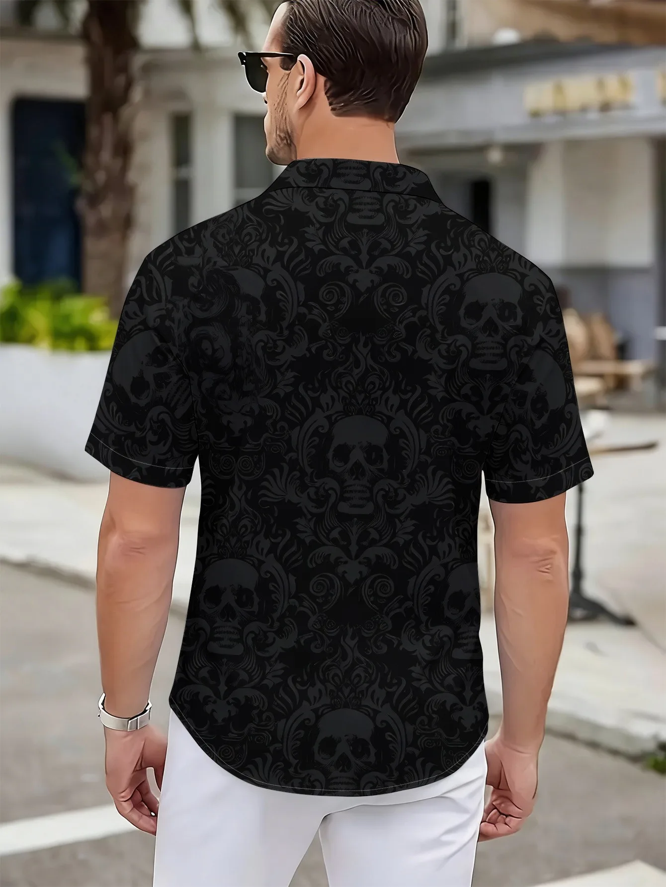 Unisex Loose Button Down Shirt Hidden Skull Damask Floral Graphic Print Camp Collar Short Sleeve Leisure Tops