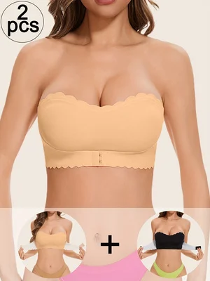 【2pcs】Women's Sexy Underwear One-Shoulder Front-Buttoned Seamless No-Wire Push-Up Bra