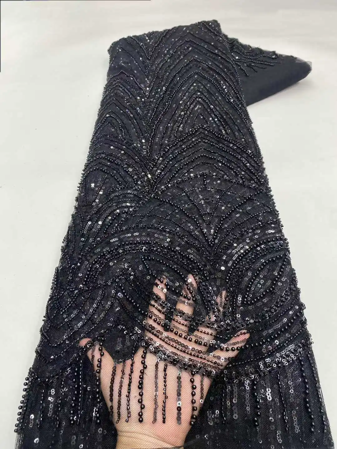 

Африканское нигерийское кружево с вышивкой бисером 2026 Высококачественная роскошная французская сетчатая кружевная ткань с блестками для свадебного платья для женщин 5 ярдов