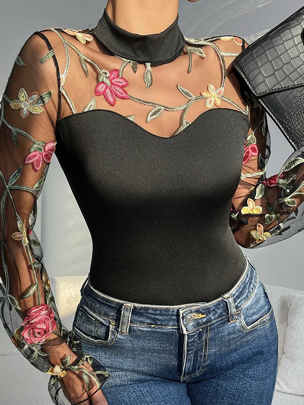 Body damskie z haftem, prześwitujące, z wycięciami, seksowne, dopasowane, jednoczęściowe, z wysokim stanem.