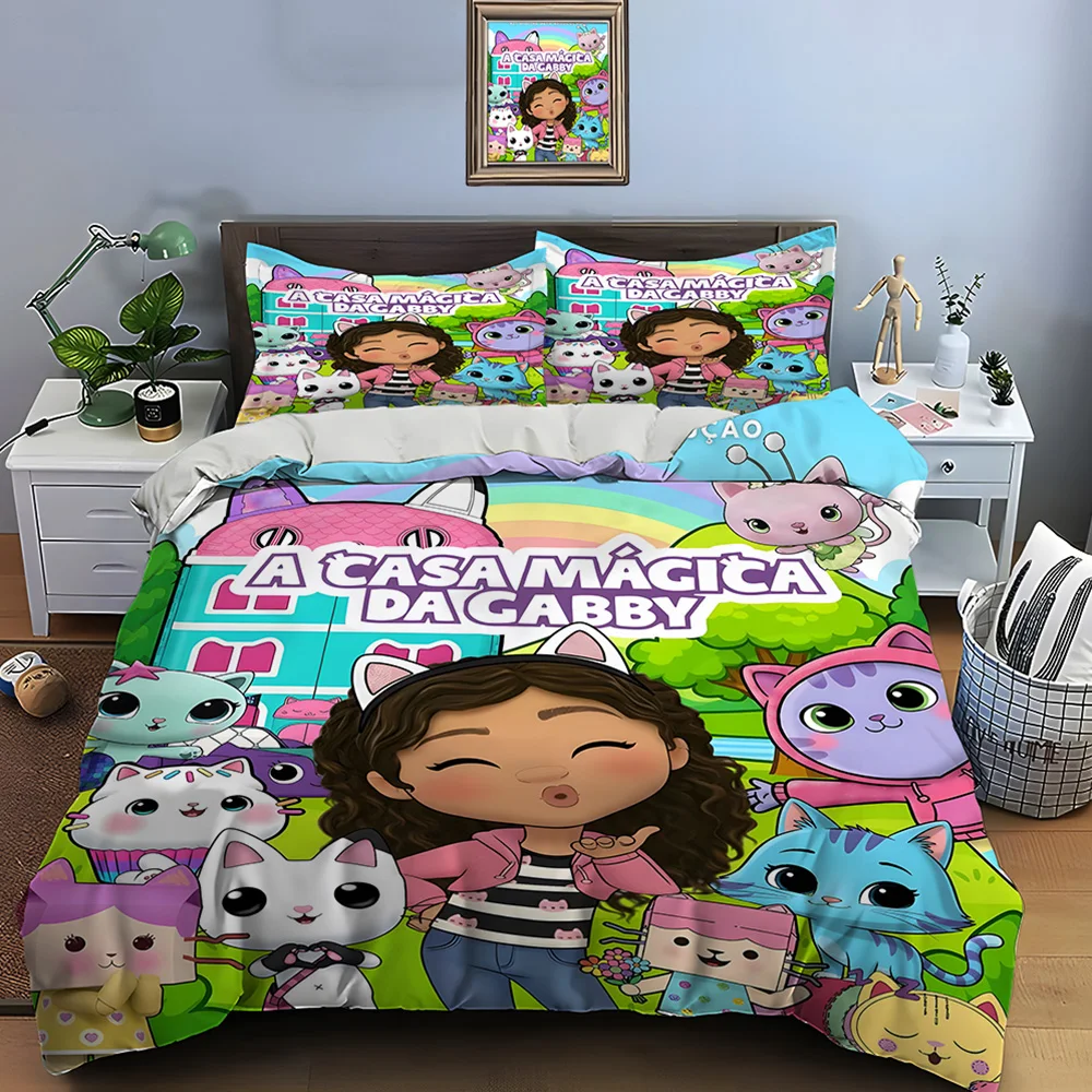 3pcs Multiple Sizes Cute G-Gabbys Cartoon Print Bedding Set 1 Duvet Cover 2 Pillowcases Adult and Kids Bedding Set Luxury Gifts