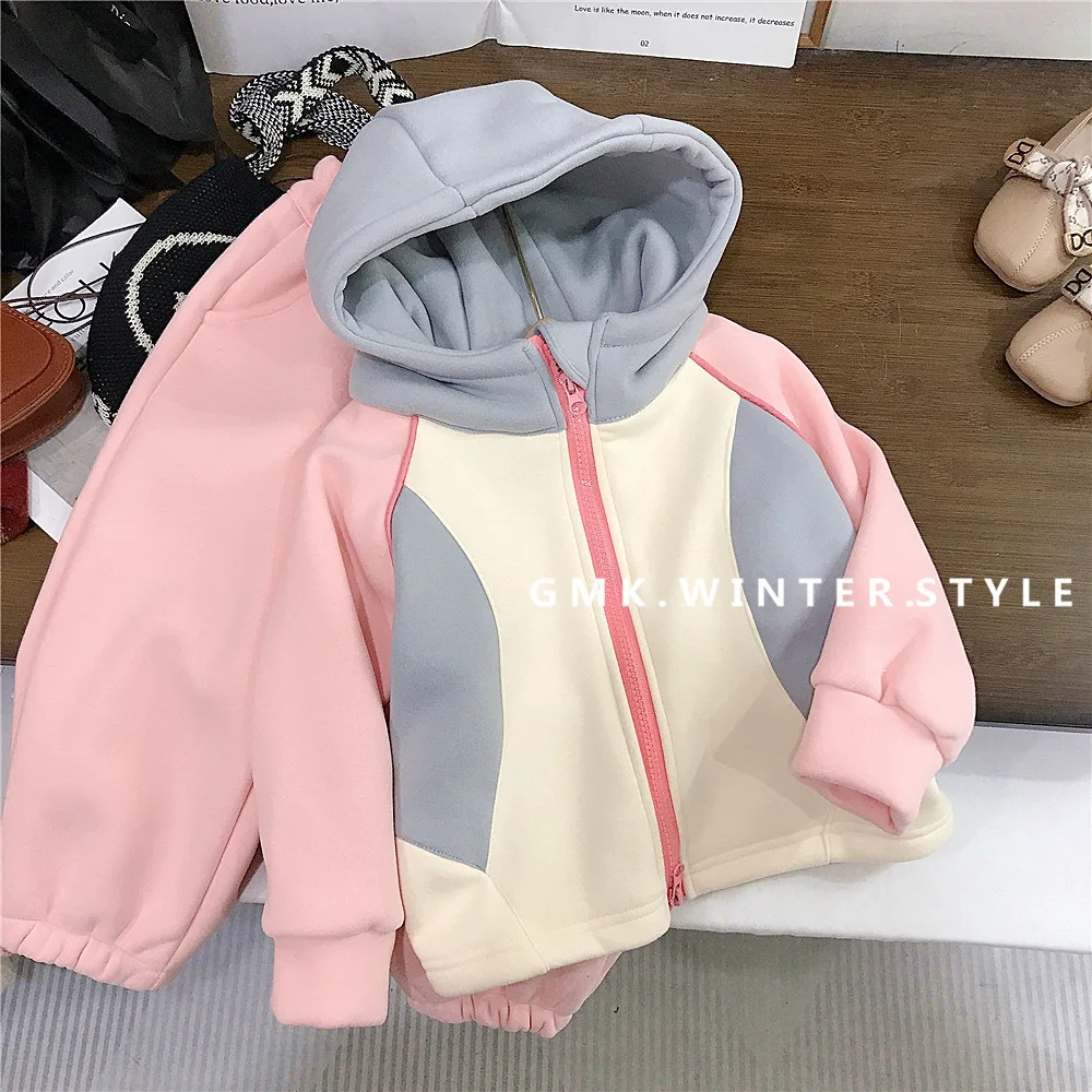 2025 Autumn Winter Children Girl 2PCS Clothes Set Cotton Plus Velvet Spliced Hooded Zipper Coat Loose Solid Baby Girl Pant Suits