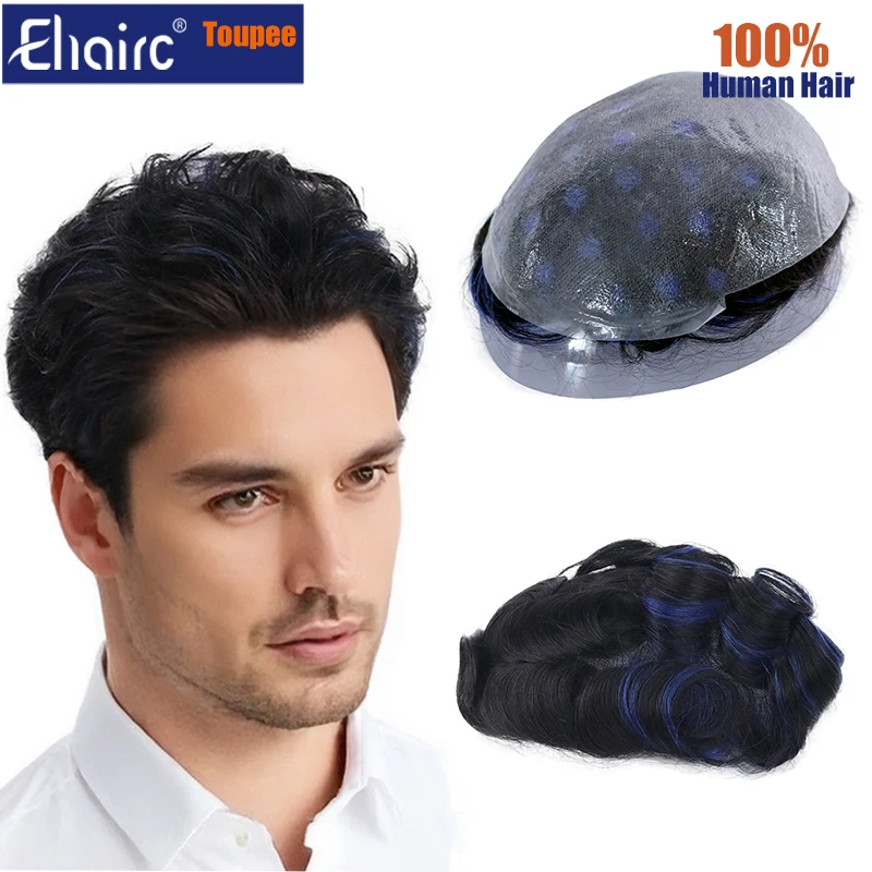 Blue Highlighted 0.06-0.08MM Microskin Male Hair Prosthesis  Knotted Men's Capillary Prothesis Toupee Men Wigs 100% Human Hair