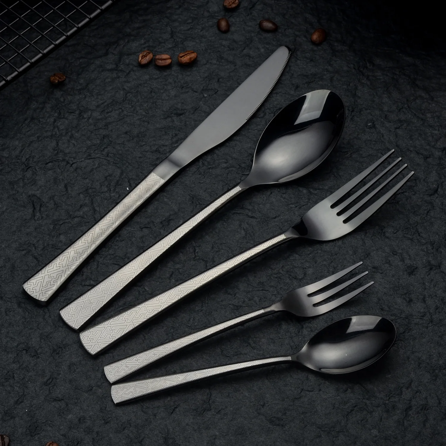 24/30/36Pcs Kitchen Forks Spoon Set Laser Fork Spoon Plaid Pattern Dinnerware Stainless Steel Gold Black Spoon Fork Knife