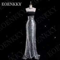 EOENKKY Mermaid Sequin Evening Party Dress Elegant Silver Sparkly Strapless Cocktail Dresses Sleeveless abendkleider Backless