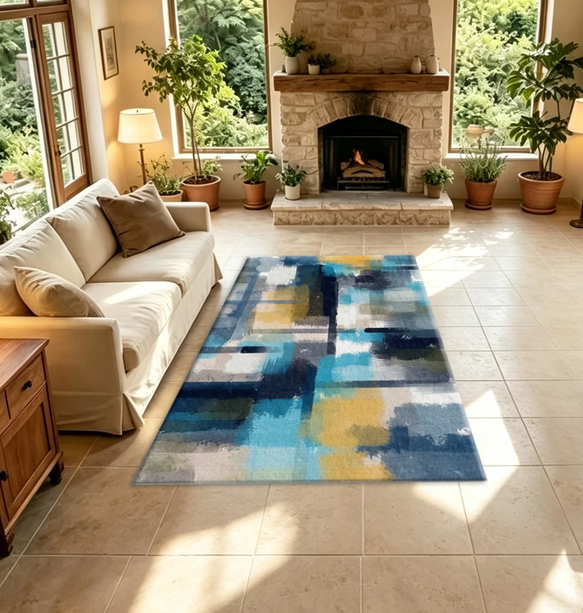 Modern Brush Stroke Abstract Art Carpet Flooring Blue Yellow Grey Home Interior Decor Carpet For Living Room Bedroom