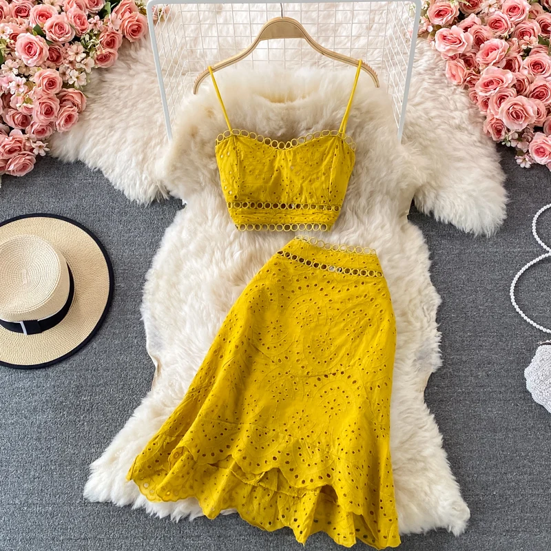 Summer Elegant Casual Fashion Skirts Suit Women Hallow Out Sleeveless Tanks Tops A-Line Saya Two Pieces Set Female Outfits