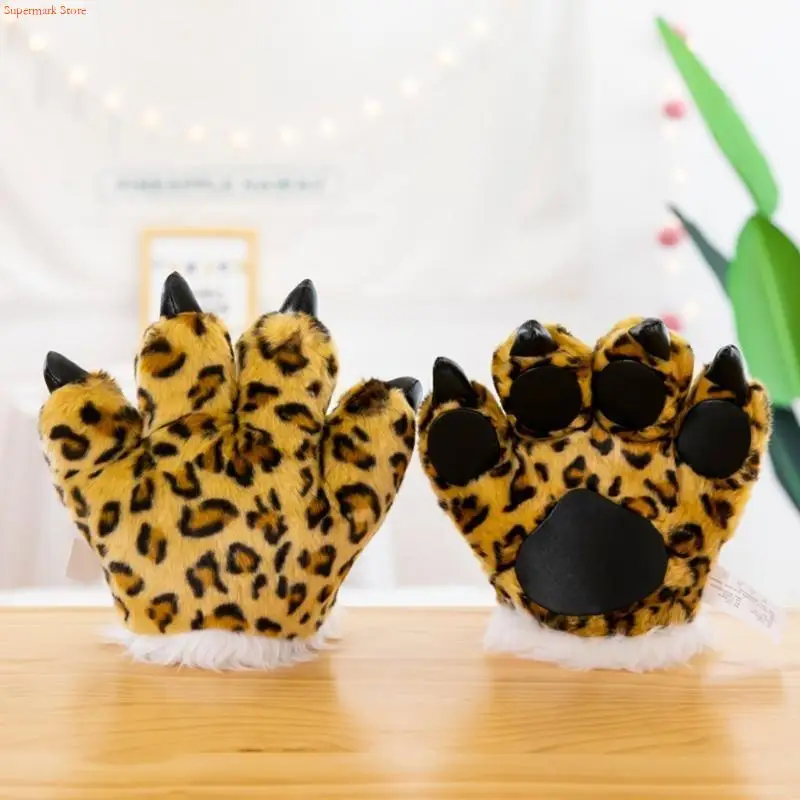Q5WE Adult Kids Simulation Leopard Paw Plush Gloves Animal Stuffed Padded Hand Warmer Cosplay Costume Mittens