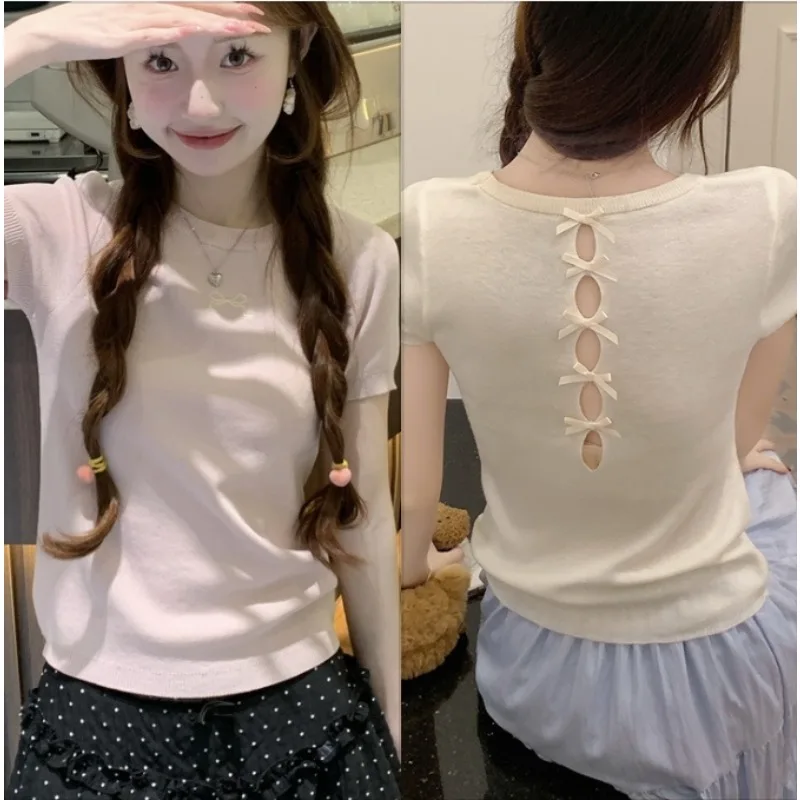 Back Bows Hollow T-shirt Women Short Sleeve Slim Casual Thin Knitted Top