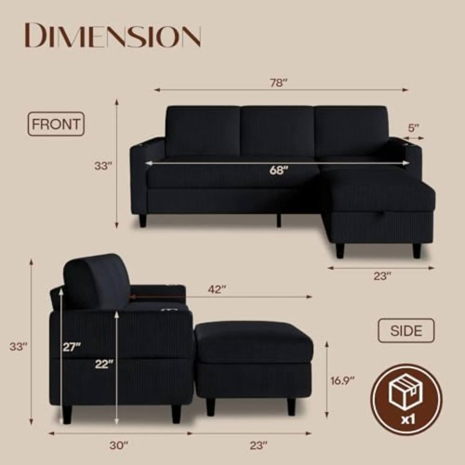 Convertible Sectional Couches for Living Room, 3 Seats L Shaped Sofa with Storage Ottoman & 2 Cup Holders, Modern