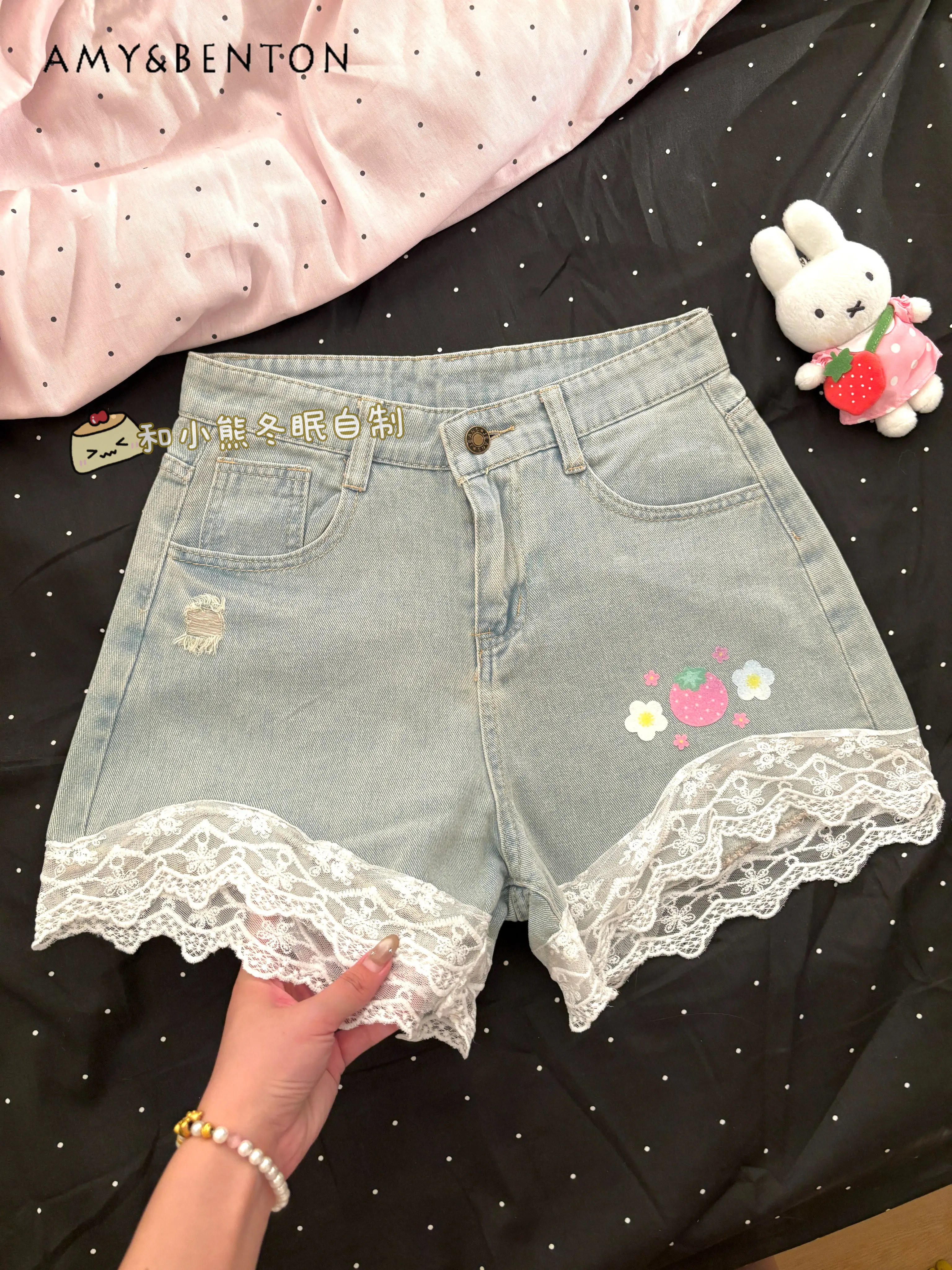 

Cute Girl Strawberry Print Lace Splicing Denim Shorts Women's Summer New Sweet Girl High Waist Slim Wide Leg Pants Students