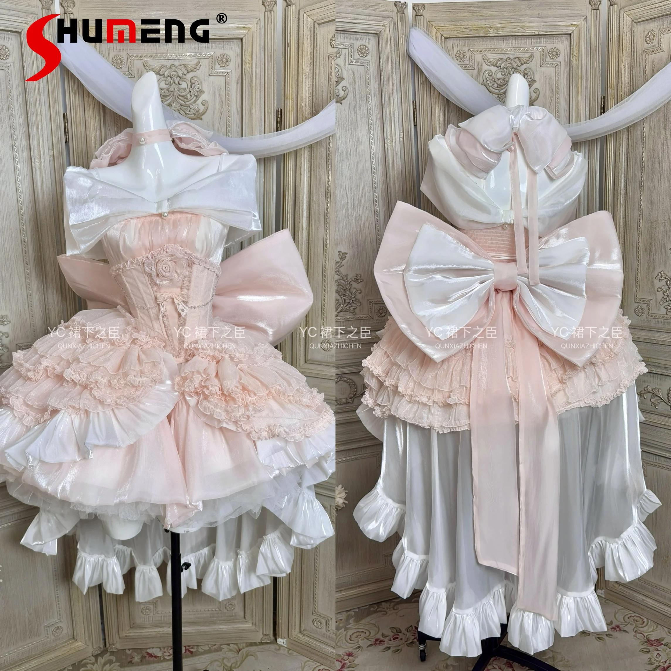 

French Princess Style Sweet Off-Shoulder Dresses Girl's Woman's Sweet Elegant Big Bow Long Tail Mini Dress Lolita Wedding Dress