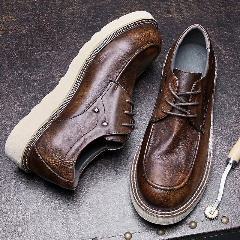 New Round Toe Shoes Men British Style Work Fashion Thick Sole Lace Up Derby Casual Genuine Leather Formal Shoes Male Brown Flats