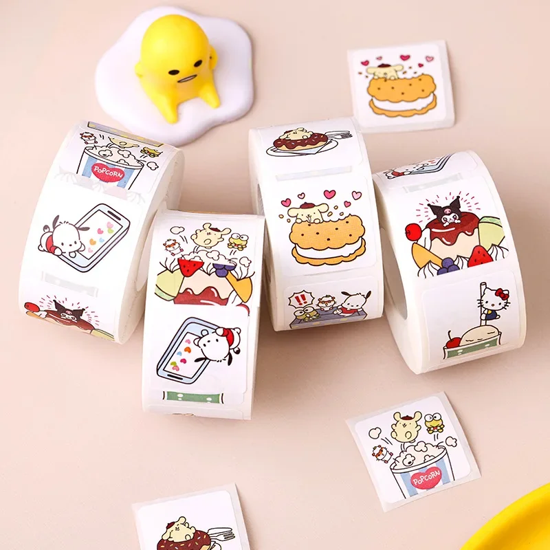 Sanrio Gourmet Stickers Square Seal Stickers 500PCS Self-adhesive Labels Children\'s Cartoon Roll Stickers Christmas Gifts