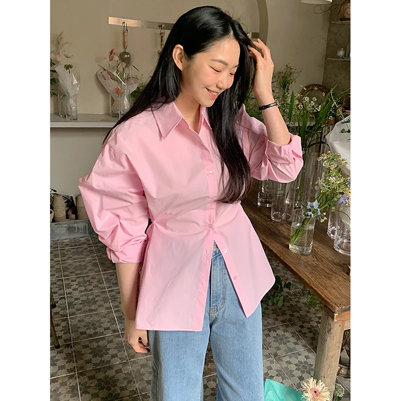 

Весна 2023: Женская блузка Dongda Gate с эффектом утяжки на талии, двусторонняя, с длинным рукавом, розовая, из смесового хлопка, в нежном стиле.