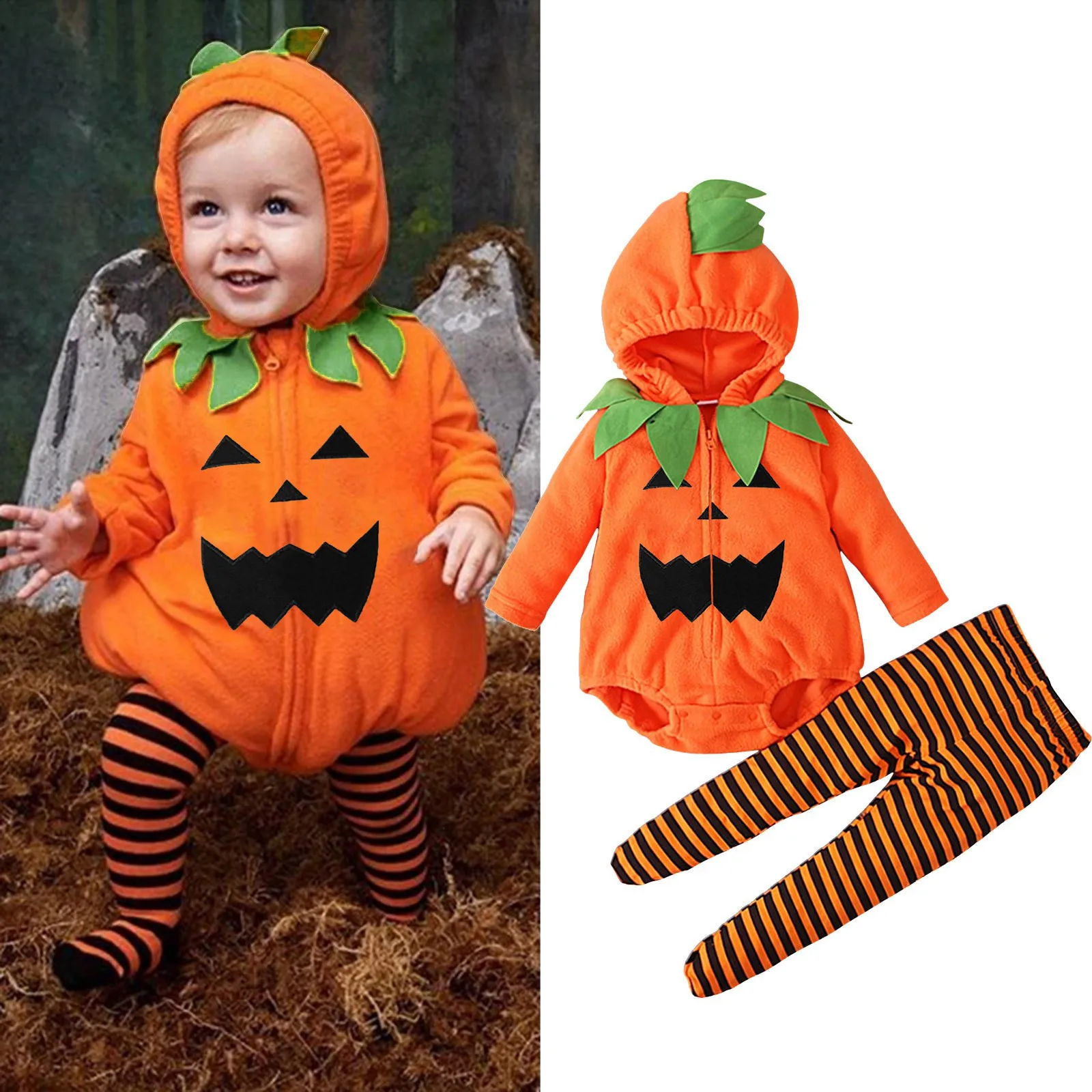 Newborn Infant Baby Girls Boys Halloween  Pumpkin Clothes Sets Long Sleeve Fleece Zipper Hooded Romper Jacket Tops Boy Clothes