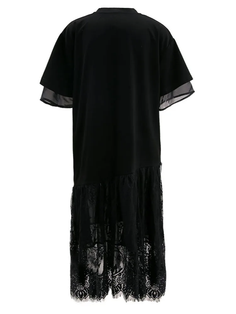 [EAM] Women Black Lace Hem Elegant Big Size Long Dress New Round Neck Short Sleeve Fashion Tide Spring Summer 2024 CPG1622