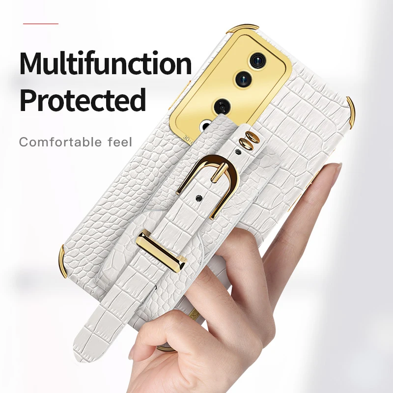 

Wrist Strap Crocodile PU Leather Soft Phone Case For Honor 200 Smart 90 70 Pro Plus 50 Lite Stand Holder Silicone Cover Cases