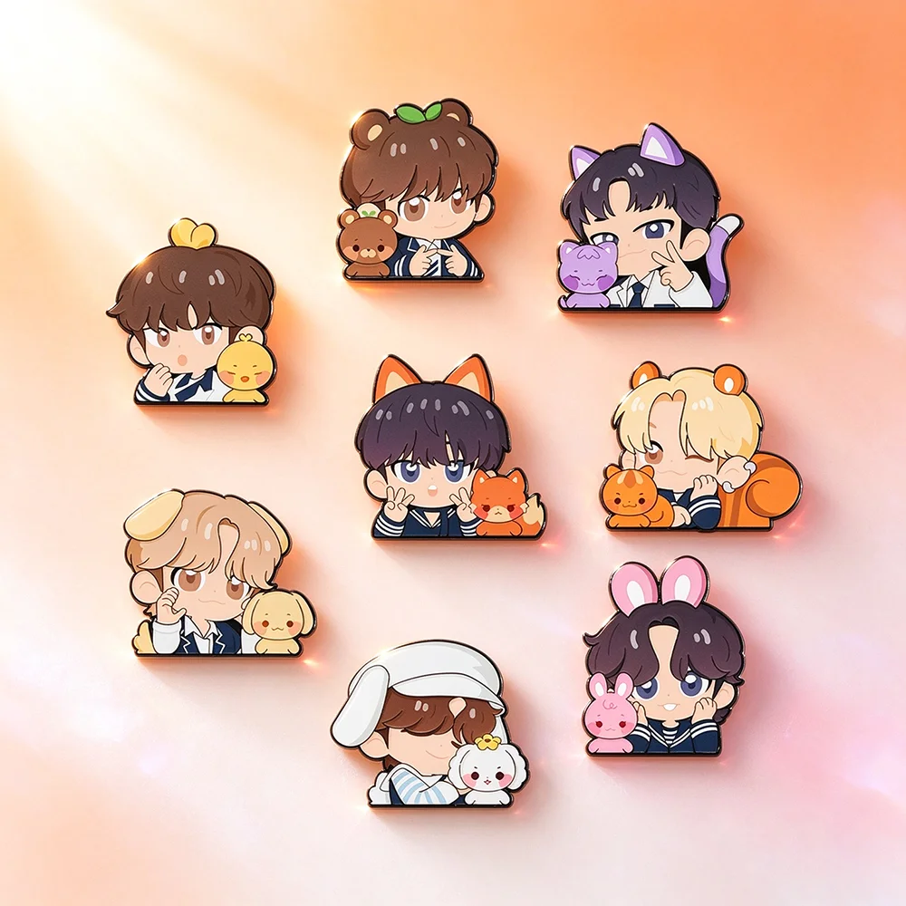 8Pcs Kpop Chibi Character Brooch Set Cute Cartoon Idol Metal Badges Animal Ear Collectible Pins for Kpop Fans Gift