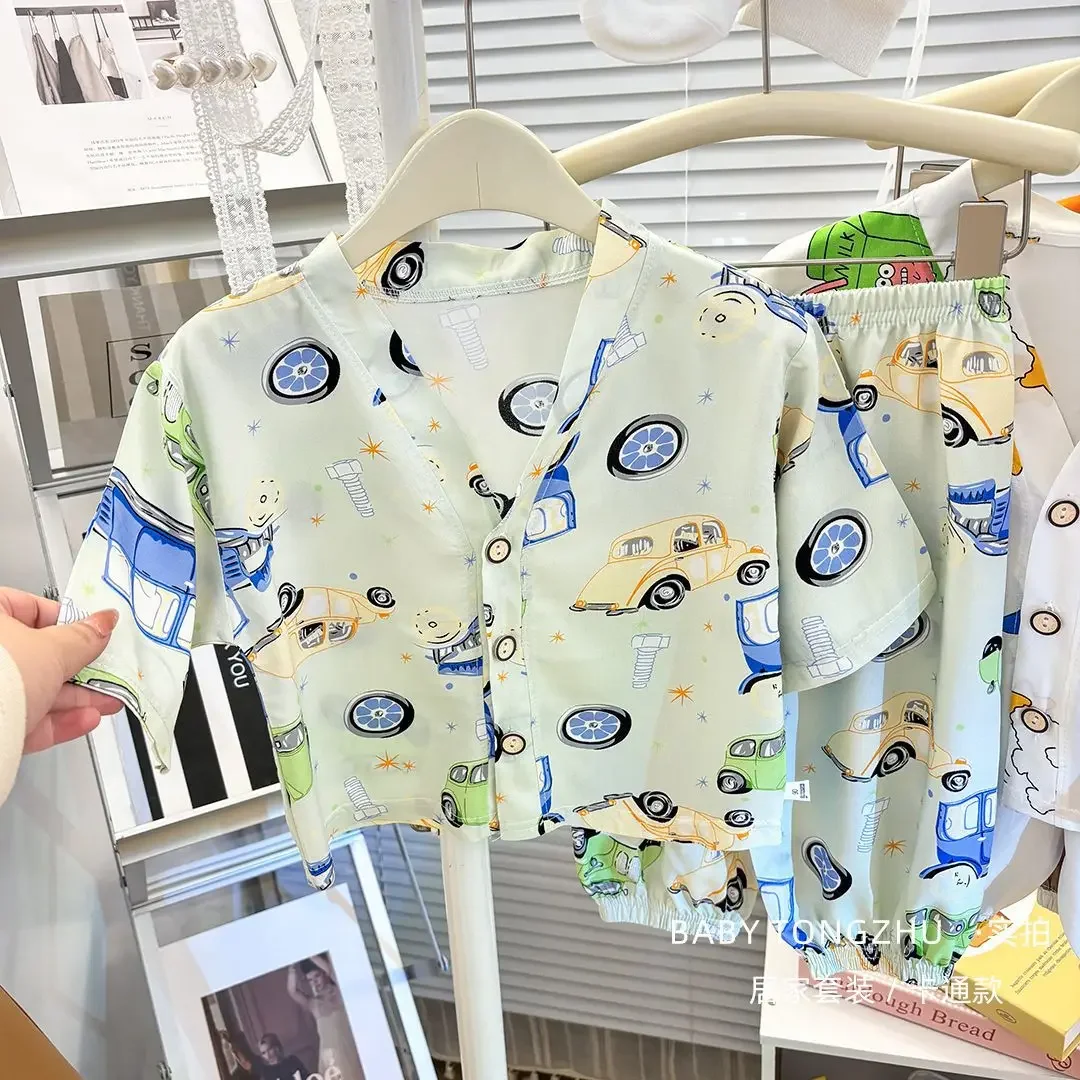 New Kids Summer Thin Pajamas Comfortable Sleepwear Baby Boys Girls Cartoon Print V-neck Pyjamas Leisure Homewear Clothing Sets