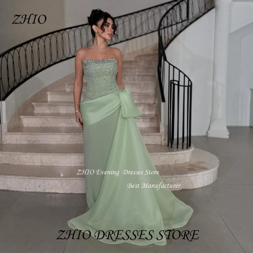 ZHIO-vestido de noche de lujo con lentejuelas de Organza verde, sin tirantes, línea A, plisado, vestido de fiesta largo, cola de barrido, vestido de graduación personalizado