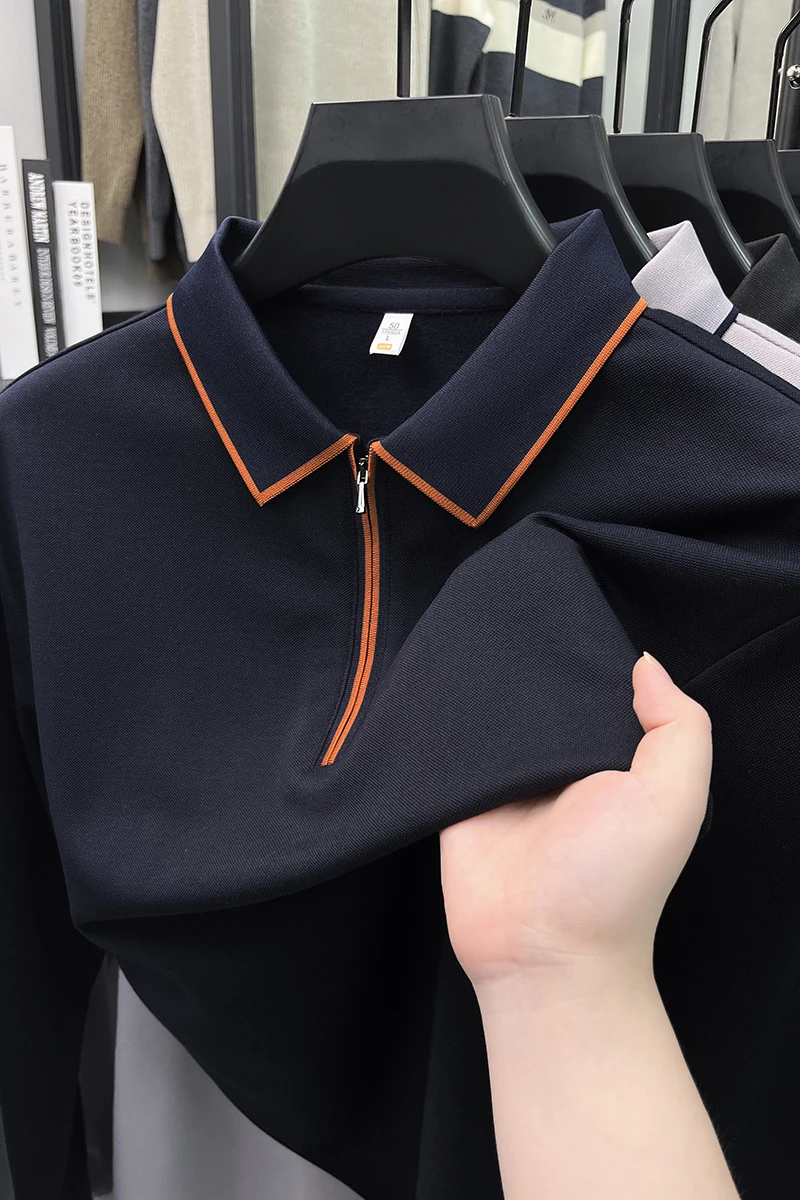 

Autumn Silk Cotton Long Sleeve Business Polo shirt Comfortable and Breathable men's clothing Solid Color Casual lapel T-shirt