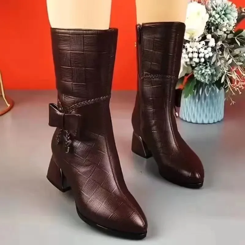 Fashion Women's Shoes Designer Mid-calf High Heels Boots Winter Casual Leather Shoes for Women Trend Plush Warm Boot Botas Mujer