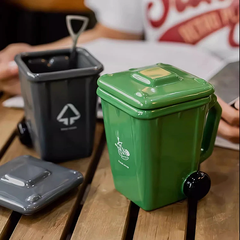 Garbage Can Shaped Mug Creative Ceramic Drinking Cup Personalized Funny Coffee Cup with Lid As A Gift