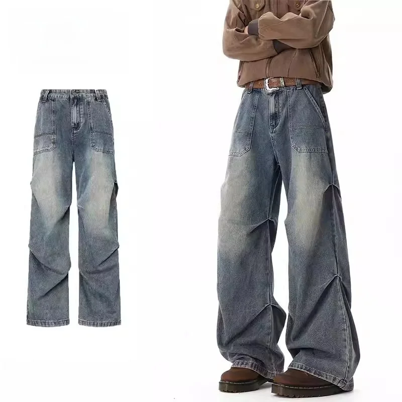 

Washed Folded Knife Denim Jeans Men's Winter Design Versatile Wide Leg Pants Retro Workwear Trousers American High Street Style