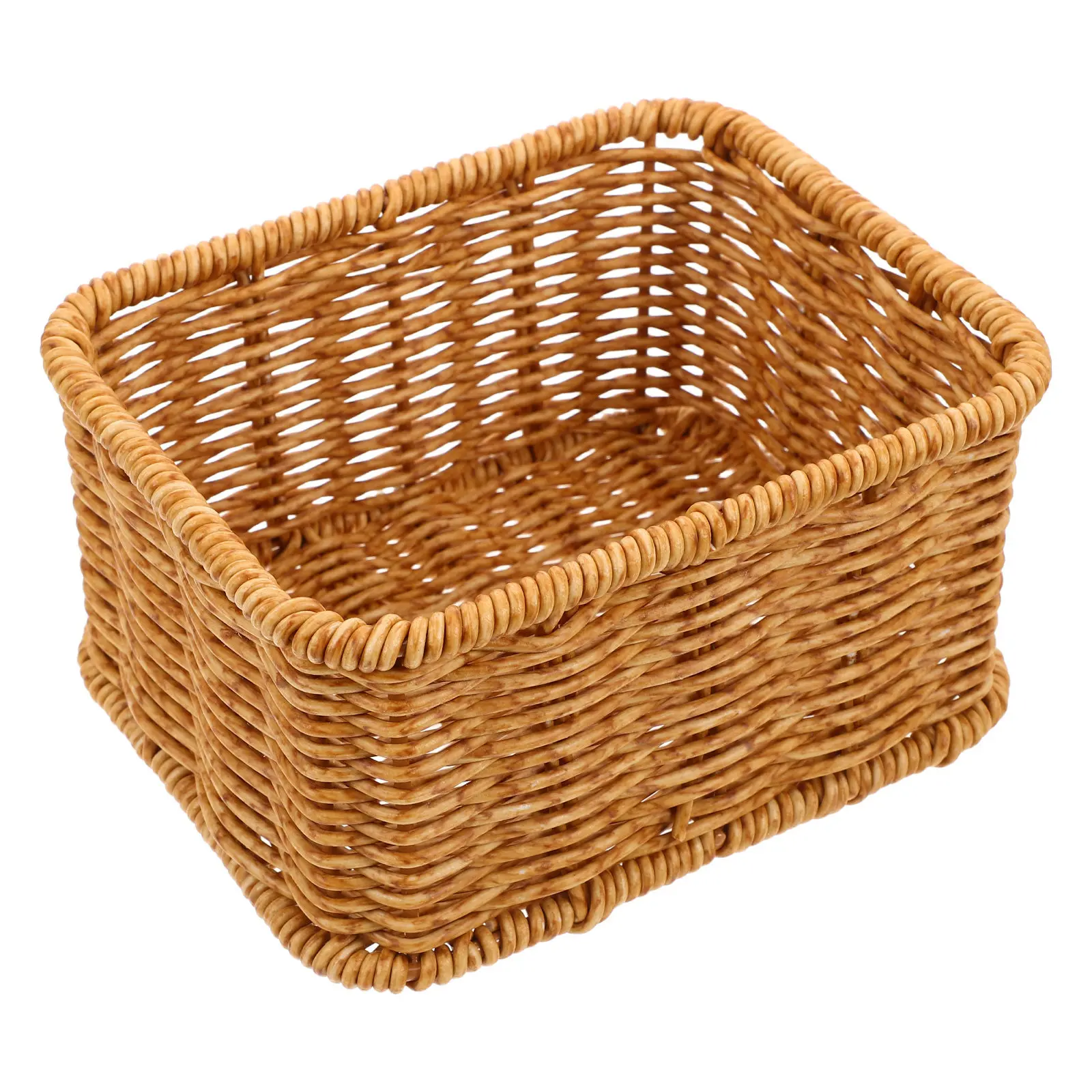 Plastic Rattan Style Storage Basket Rectangle 6x5x3 Handwoven Organizer for Books Magazines Files Breathable Stylish Brown