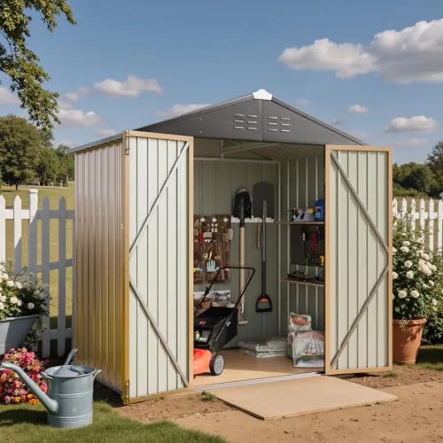 6x4FT Outdoor Storage Shed for Patio Storage, Galvanized Steel Utility Tool Shed in Brown with Secure Door Lock