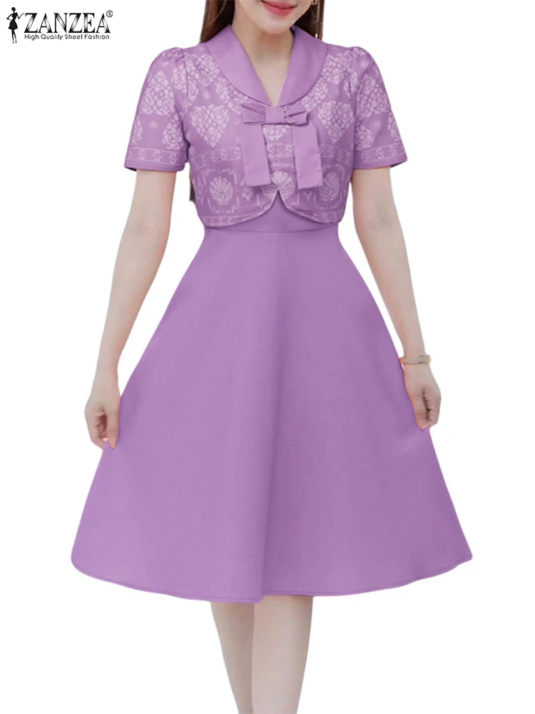 Elegante vestido de fiesta de línea A ZANZEA Vestidos elegantes para mujer 2025 moda de manga corta Patchwork vestido veraniego de trabajo Vestidos de cintura bata