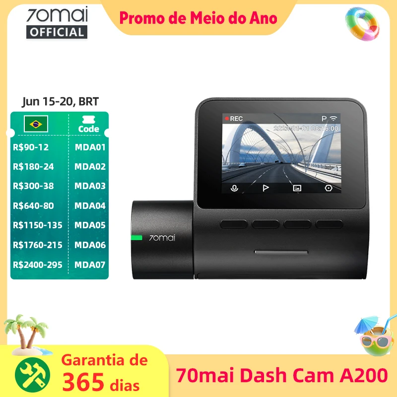70mai Dash Cam A200 1080P 2 ''tela IPS Gravação de canal duplo 70mai Carro DVR A200 24H Monitor de estacionamento 130 ° Visão noturna FOV