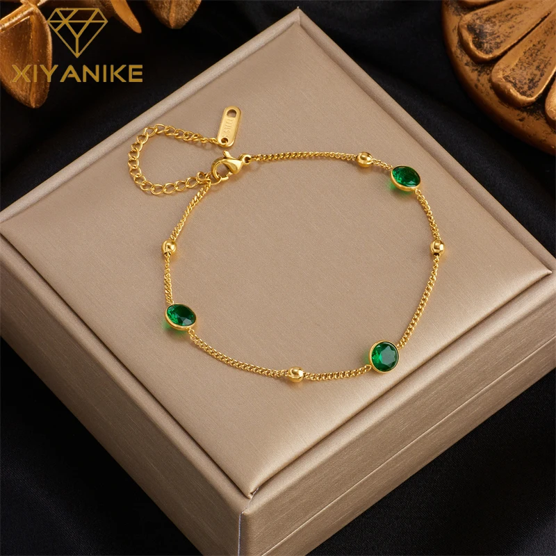 XIYANIKE 316L Stainless Steel Women Bracelet Gold Color Green Crystal Decoration Bracelets for Women New Fashion Lady Jewelry