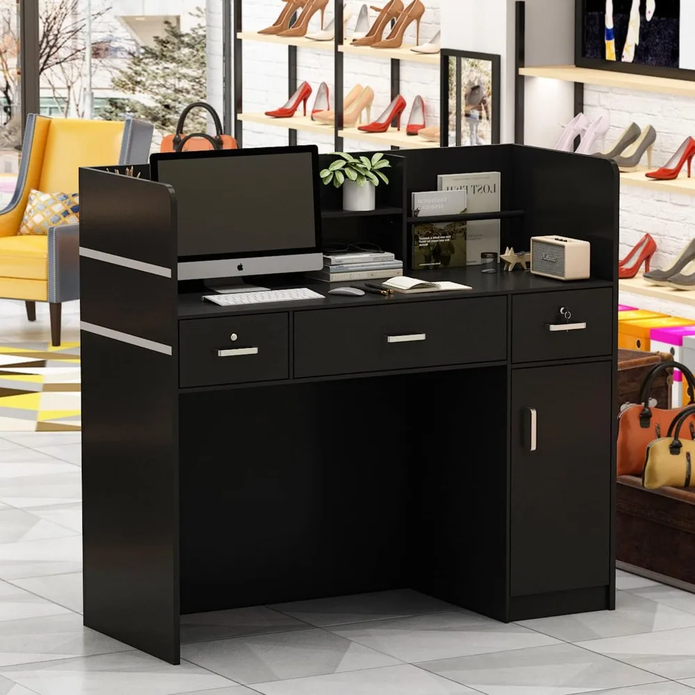 Modern Reception Desk with Drawers Door Storage Cabinet Hutch Shelf Office Wooden Computer Desk Writing Study PC Laptop Desk