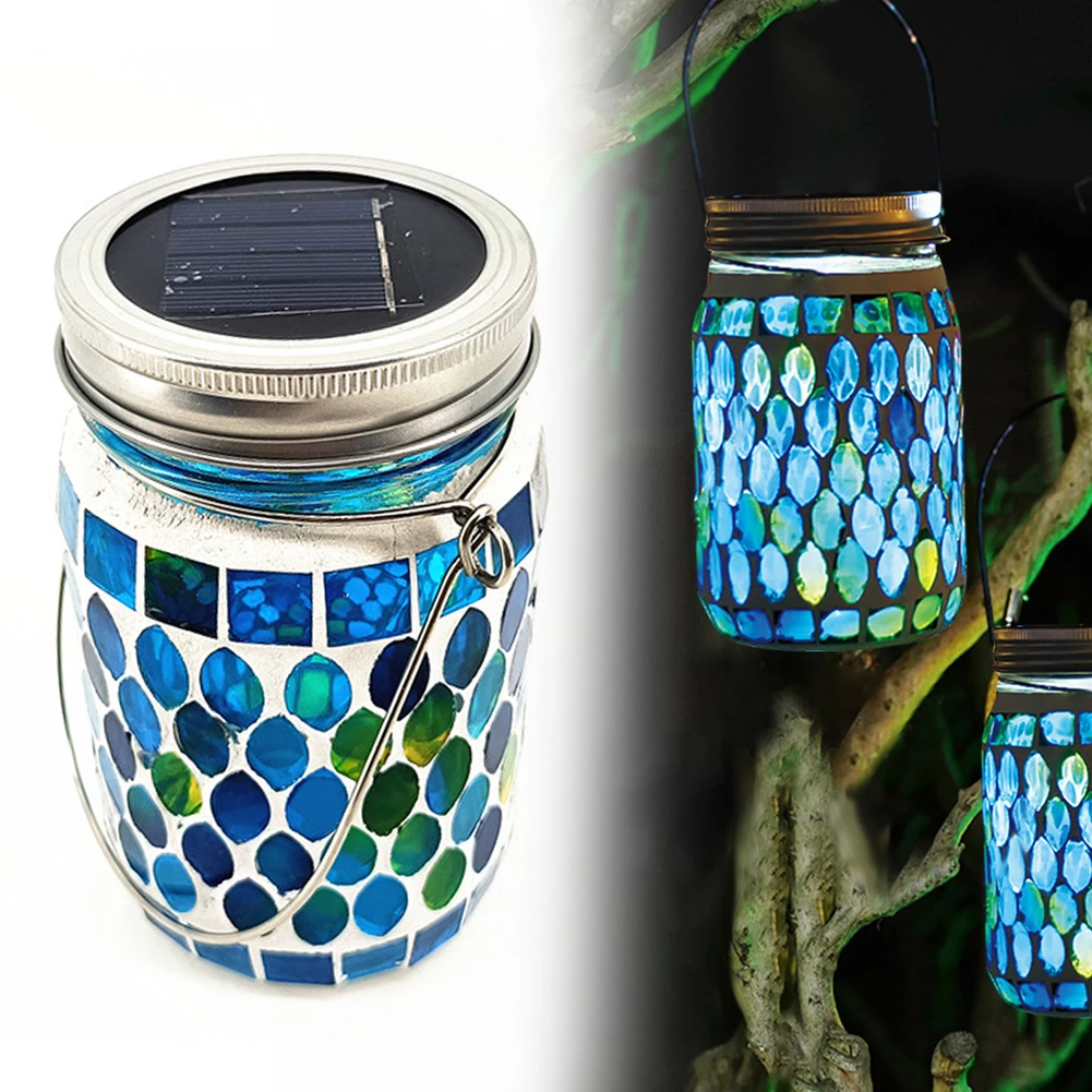 LED Mosaic Solar Light Waterproof Mosaic Solar Hanging Light Jar Patio Solar Lantern for Garden Party Camping Terrace Yard Decor