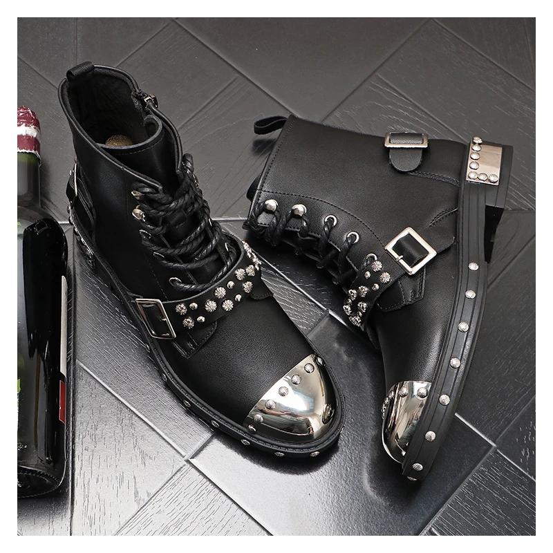 men luxury fashion stage nightclub dress high boots trend rivets shoes spring autumn original leather boot long botas masculinas