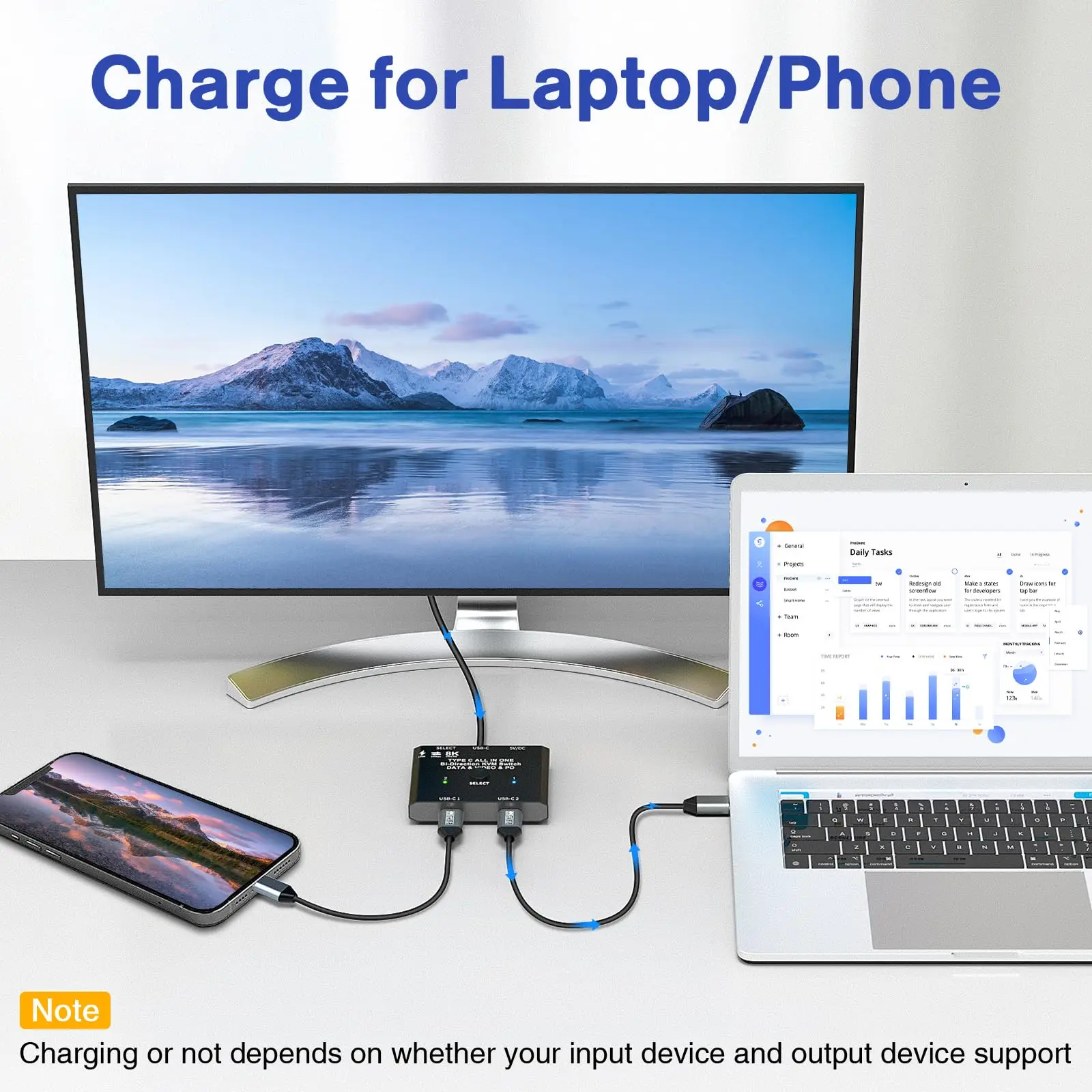 Imagem -03 - Switcher Usb c Bi-direcional para Laptops Usb tipo c Switch Kvm 8k @ 60hz Vídeo 4k @ 120hz Transferência de Dados 10gbps Carregamento 100w
