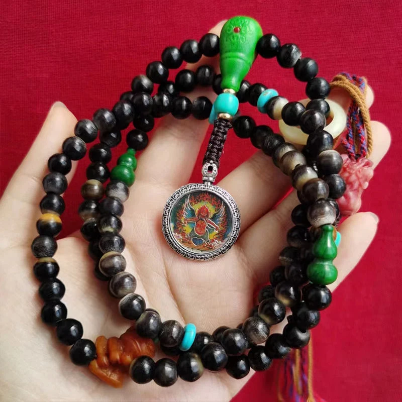 Black donkey hoof 108-bead bracelet with caviar-patterned round beads, dragon-shaped three-way bead, gourd, running ring, baby f