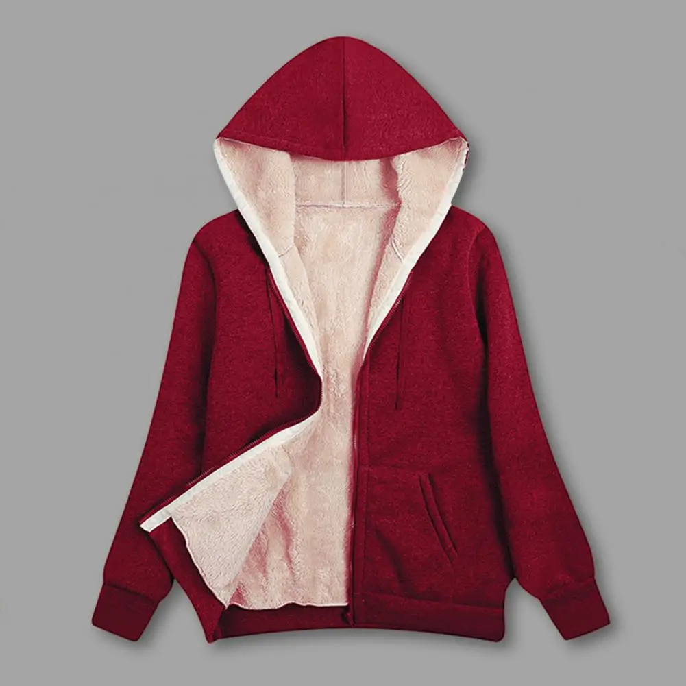 Women Winter Hoodie with Pockets Thick Fleece Lined Hooded Solid Color Long Sleeves Drawstring Elastic Cuffs And Hem Zip-up Coat