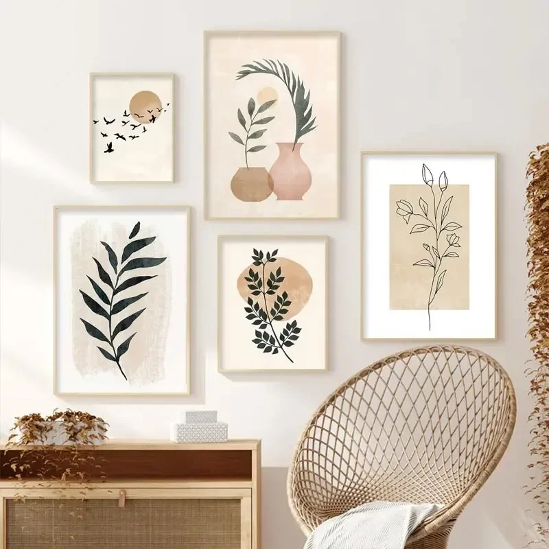 Abstract Canvas Painting Boho Natural Plant Bird Sun Leaf Lines Wall Art Pictures Living Room Home Decorative Paintings