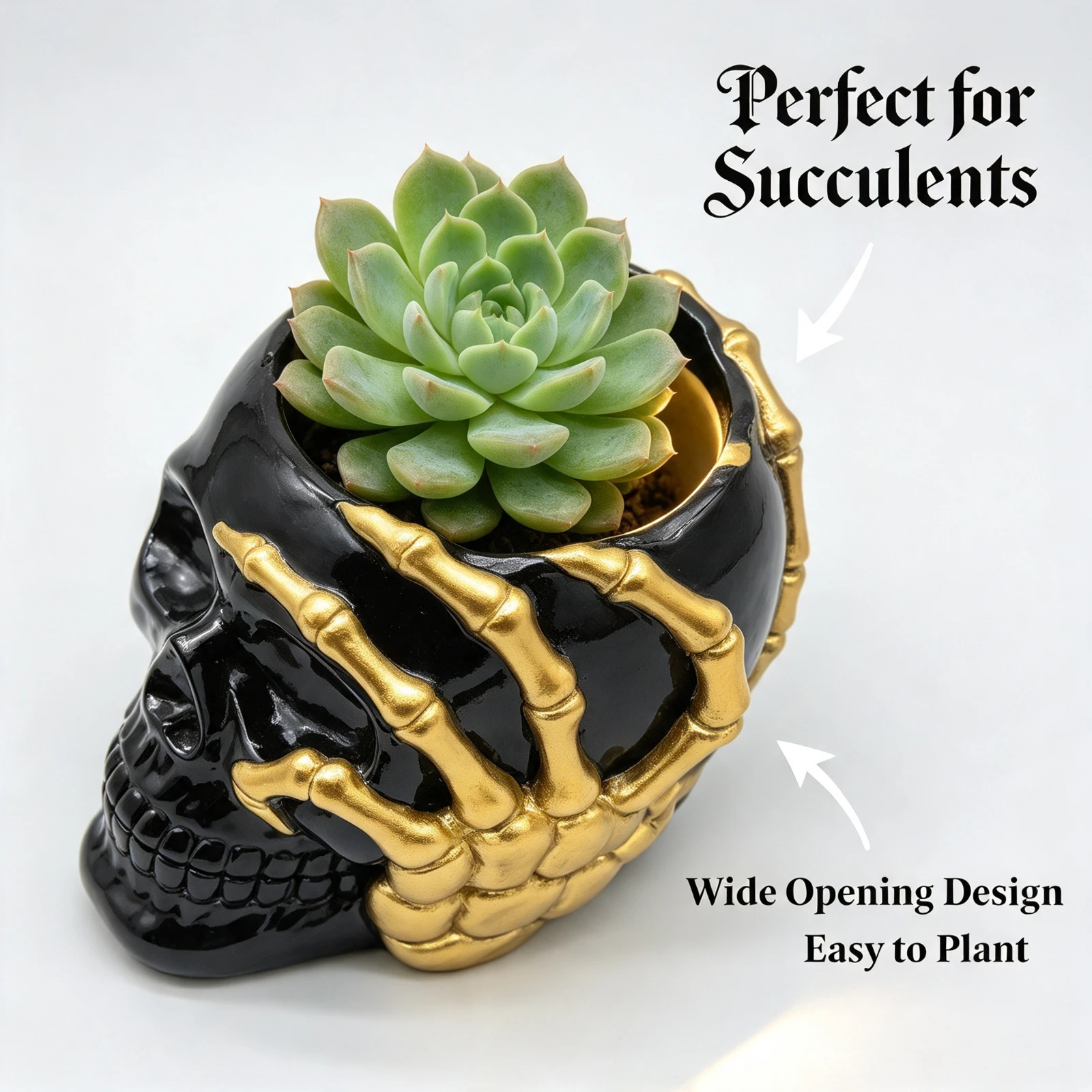 Resin Skull Flower Pot Artificial, Plant Holder Gothic Skeleton Planter, Hand Vase Home Garden Halloween, Decoration Party Gift